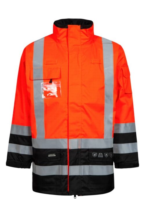 Brandhæmmende Hi-Vis regnjakke i kraftig rivfast kvalitet