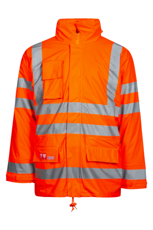 Brandhæmmende Hi-Vis vinterregnjakke i PU kvalitet med aftageligt quiltet foer