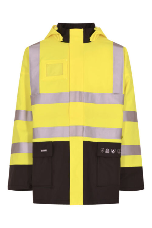 Brandhæmmende Hi-Vis dame regnjakke i kraftig PU kvalitet