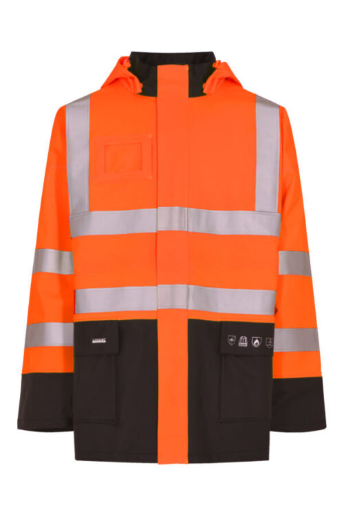 Brandhæmmende Hi-Vis regnjakke i kraftig PU kvalitet